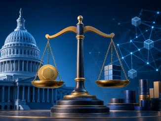 U.S. Capitol, balanced scales and blockchain network illustrating crypto regulation