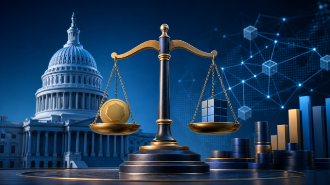 U.S. Capitol, balanced scales and blockchain network illustrating crypto regulation