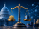 U.S. Capitol, balanced scales and blockchain network illustrating crypto regulation