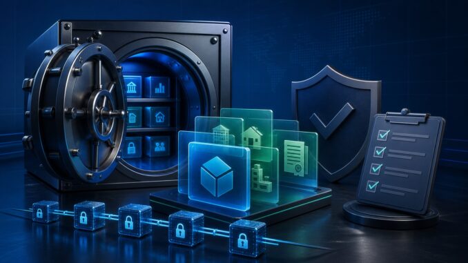 Secure digital vault, tokenized assets and compliance shield illustrating crypto custody